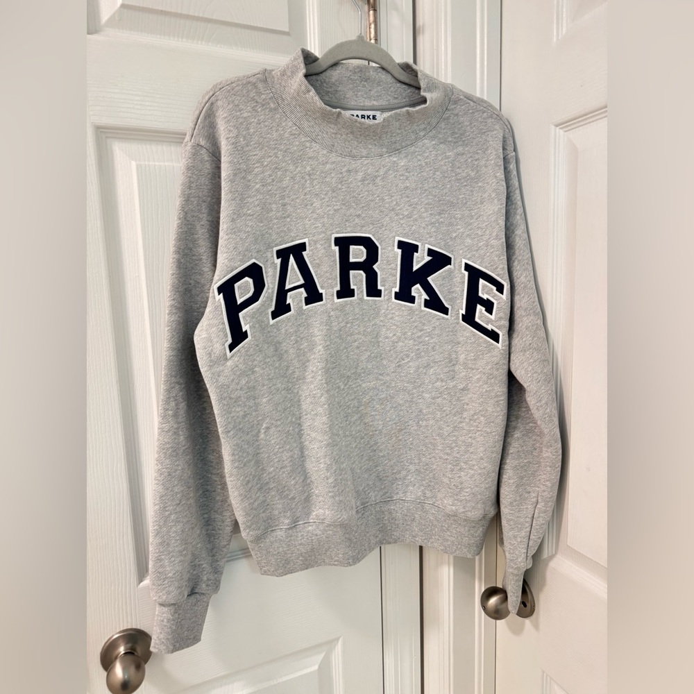 PARKE MOCK NECK OVERSIZED SWEATSHIRT GREY WITH BLUE LETTERING SZ S/M - Picture 6 of 6
